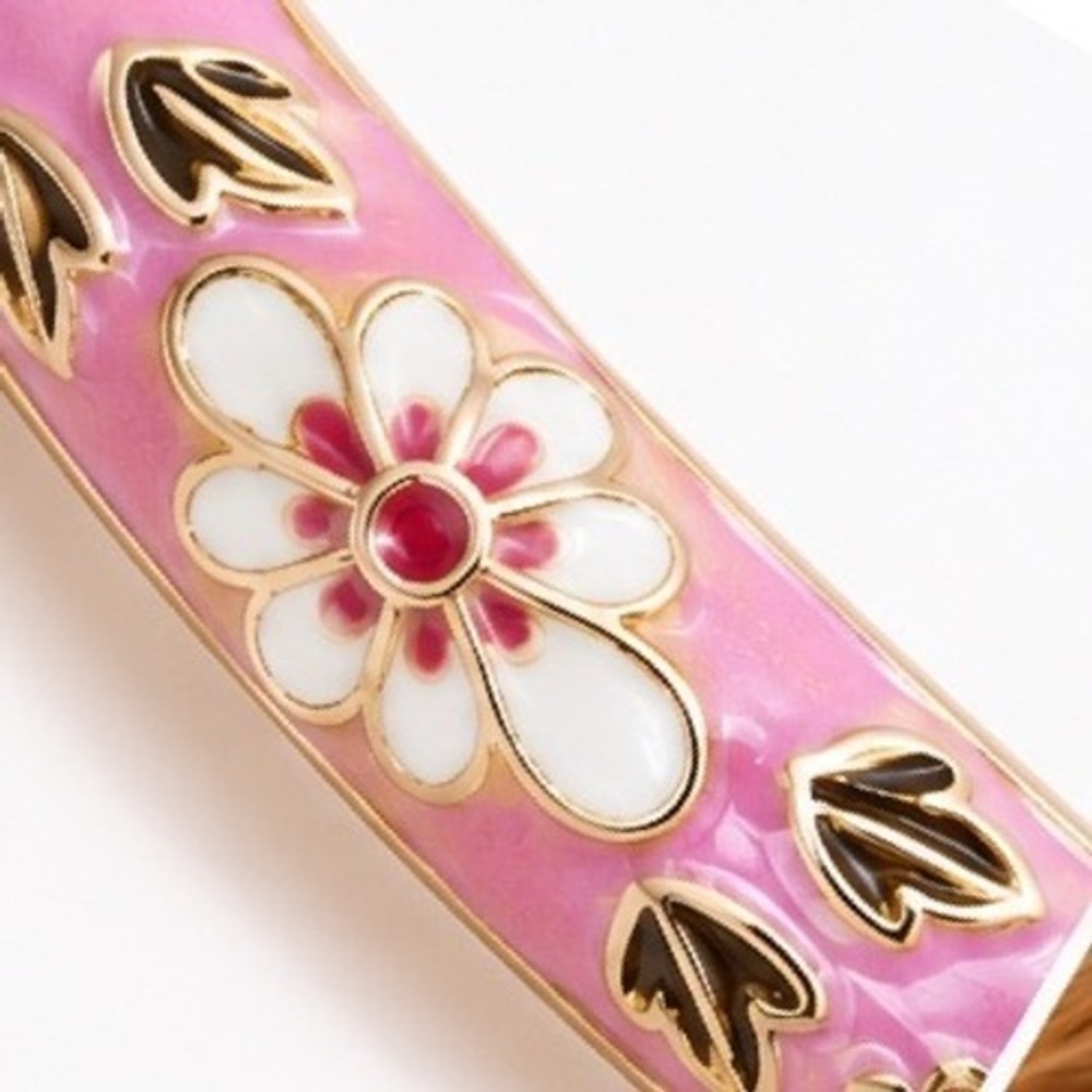 Pink Enamel Floral Daisy Gold Tone Hinged Bangle Bracelet Botanical